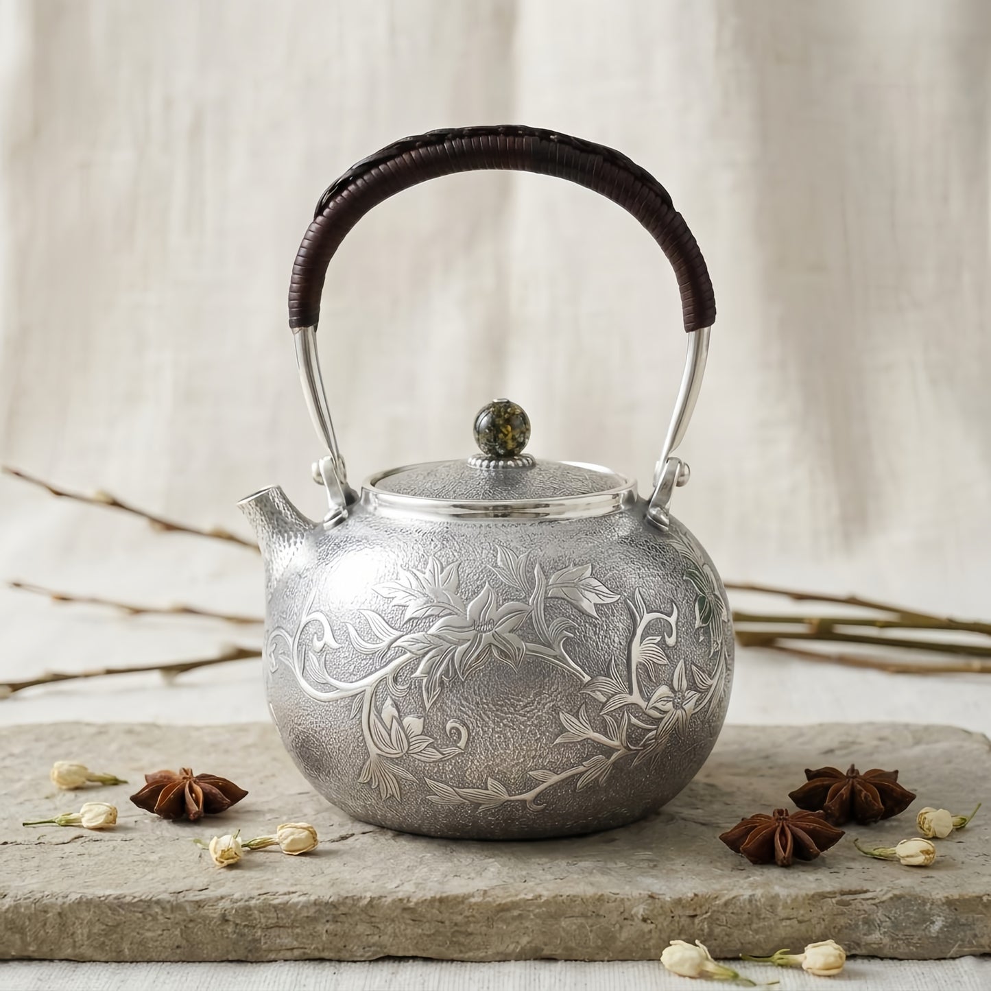 925 Sterling Silver Elegant Handcrafted  Tea Kettle with Floral Engraving and Wooden Handle-Fine Teapot with Handle - Handicraft