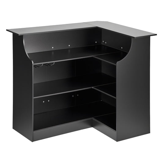 Home Bar Unit, L-Shaped Wine Bar Cabinet Table 4-Tier With Storage Shelves,  Wine Glass Holder, 300 Lbs Max Capacity, Wood Liquor Cabinet For Home, Kitchen, Living Room, Pub, Basement, Black