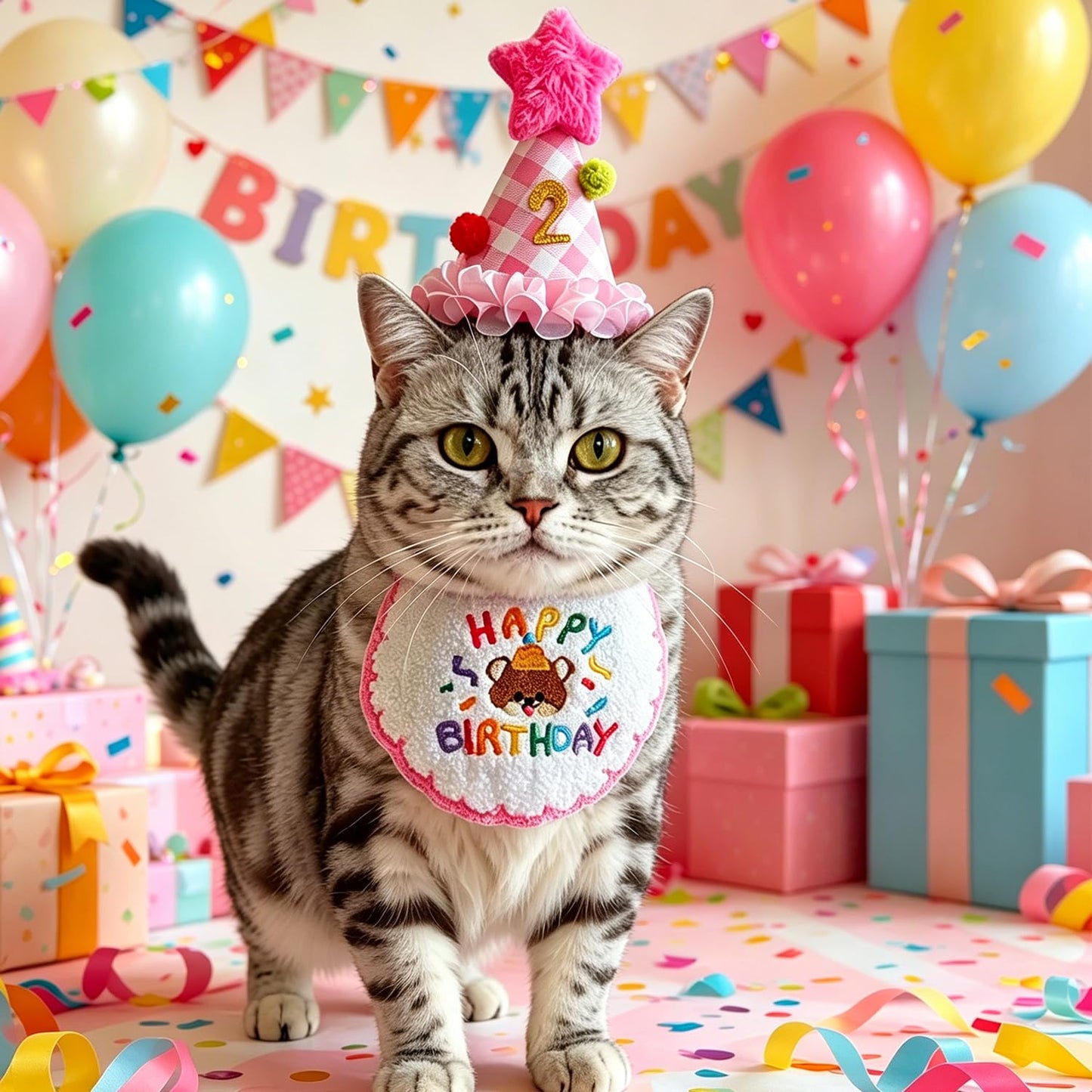 Cat Birthday Party Supplies, Cat Birthday Hat With Number And Star, Embroidered Happy Birthday Bandana For Kitten Cats Small Dogs Decorations, Photo Prop Gift Outfit For Pet Birthday Celebration