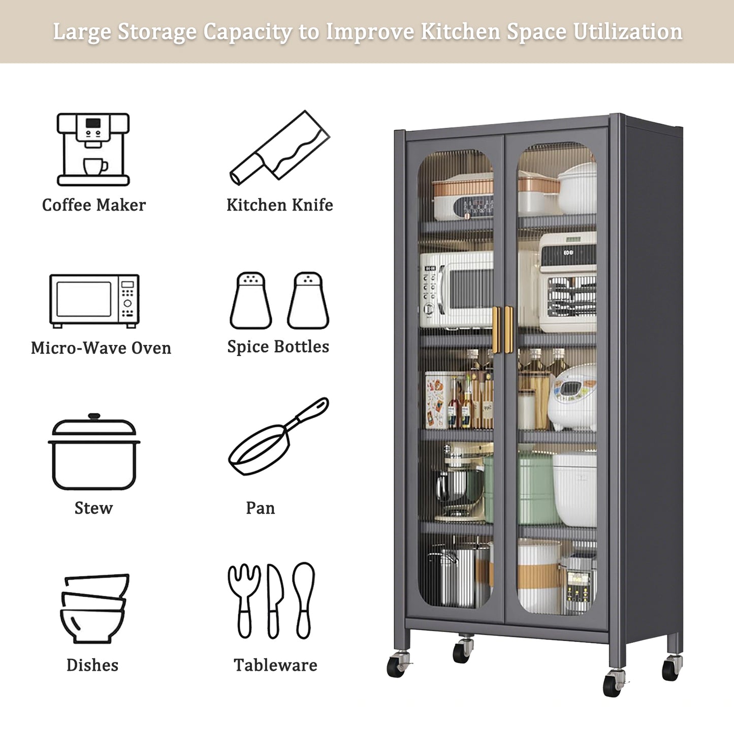 65  Kitchen Pantry Storage Cabinet, 6 Tier Metal Display Storage Cabinet With Transparent Door, Adjustable Shelves & Wheels, Food Pantries Cabinets, For Kitchen, Living Room And Dining Room, Gray