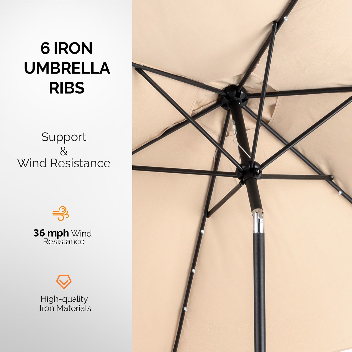 9ft Solar LED Patio Umbrella, 6-Rib Waterproof Outdoor Market Umbrella With Push Button Tilt & Crank, Sun Shade For Garden Pool Deck, Beige