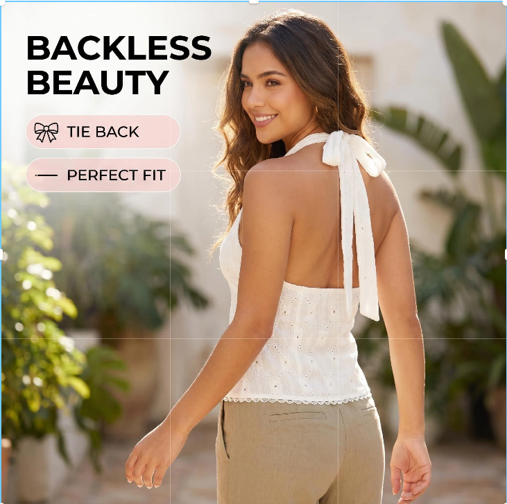 Women's Summer New Fashion Elegant Solid Color Backless Pearl Button Decorated Tie-Neck Strapless Vest