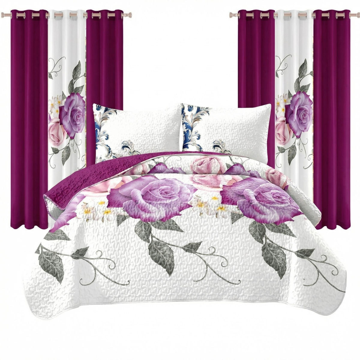 9 Piece Room In A Bag Quilt And Curtain Set, US Designer Deep Magenta Purple Rose Floral Print Heavyweight Bedspread With 6 Customizable Window Panels, Pet-Friendly High GSM Coverlet