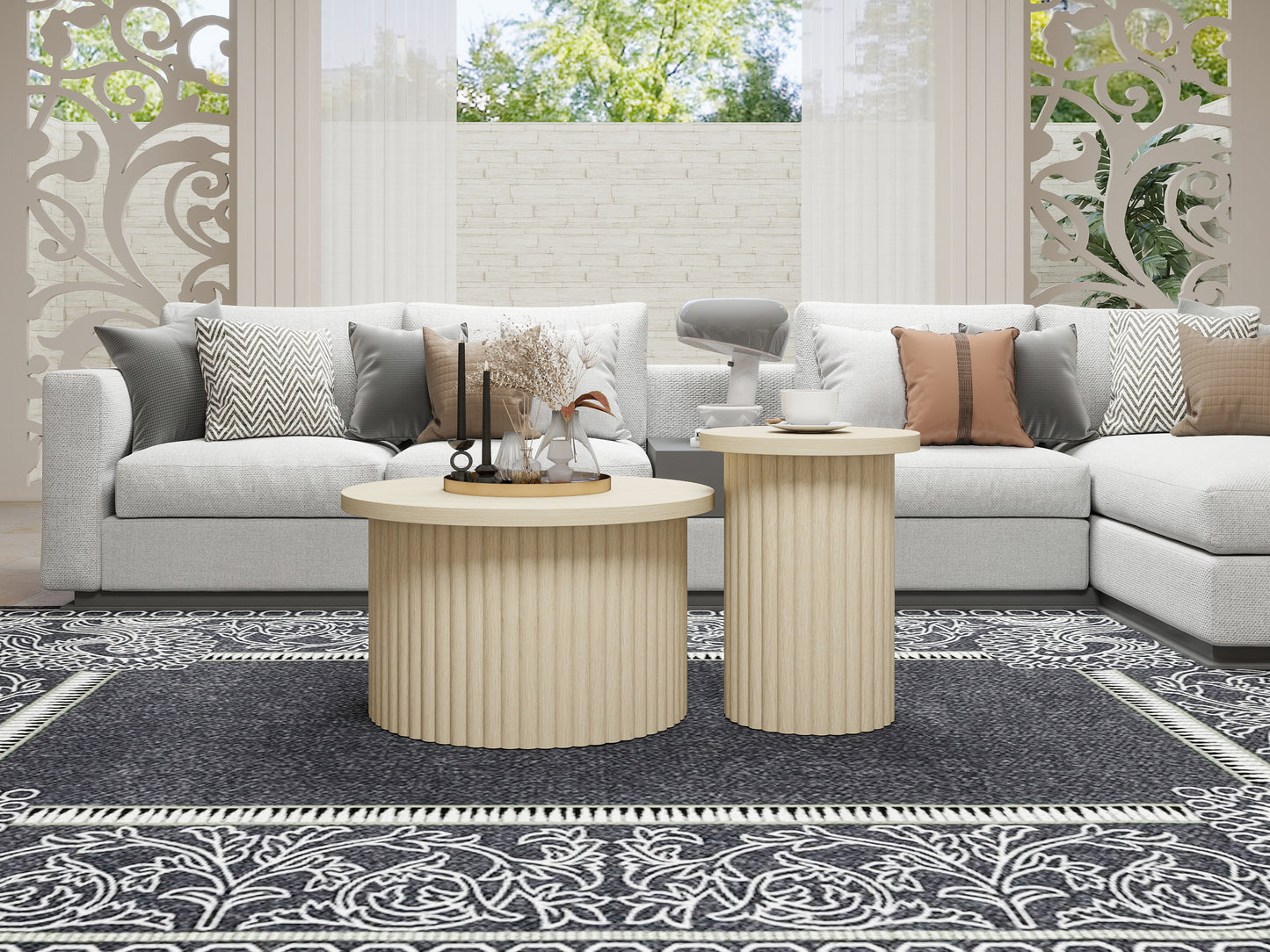 Round Coffee Table Set In 2 Pack With Natural Wood Effect And Wavy Structure - Integrated Side Table, Ideal For Living Room, Bedroom, Study Or Office