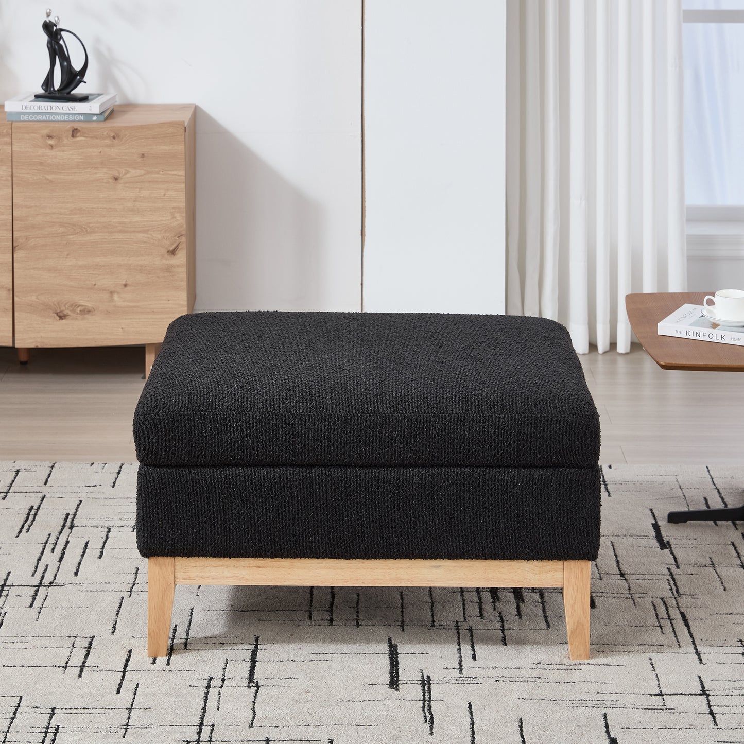 33.86 W Upholstered Wood Base Storage Ottoman With Reversible Lid Coffee Table, Foot Stool Square Footrest With Rubberwood Legs For Living Room Bedroom Entryway And Office,Black Boucle.