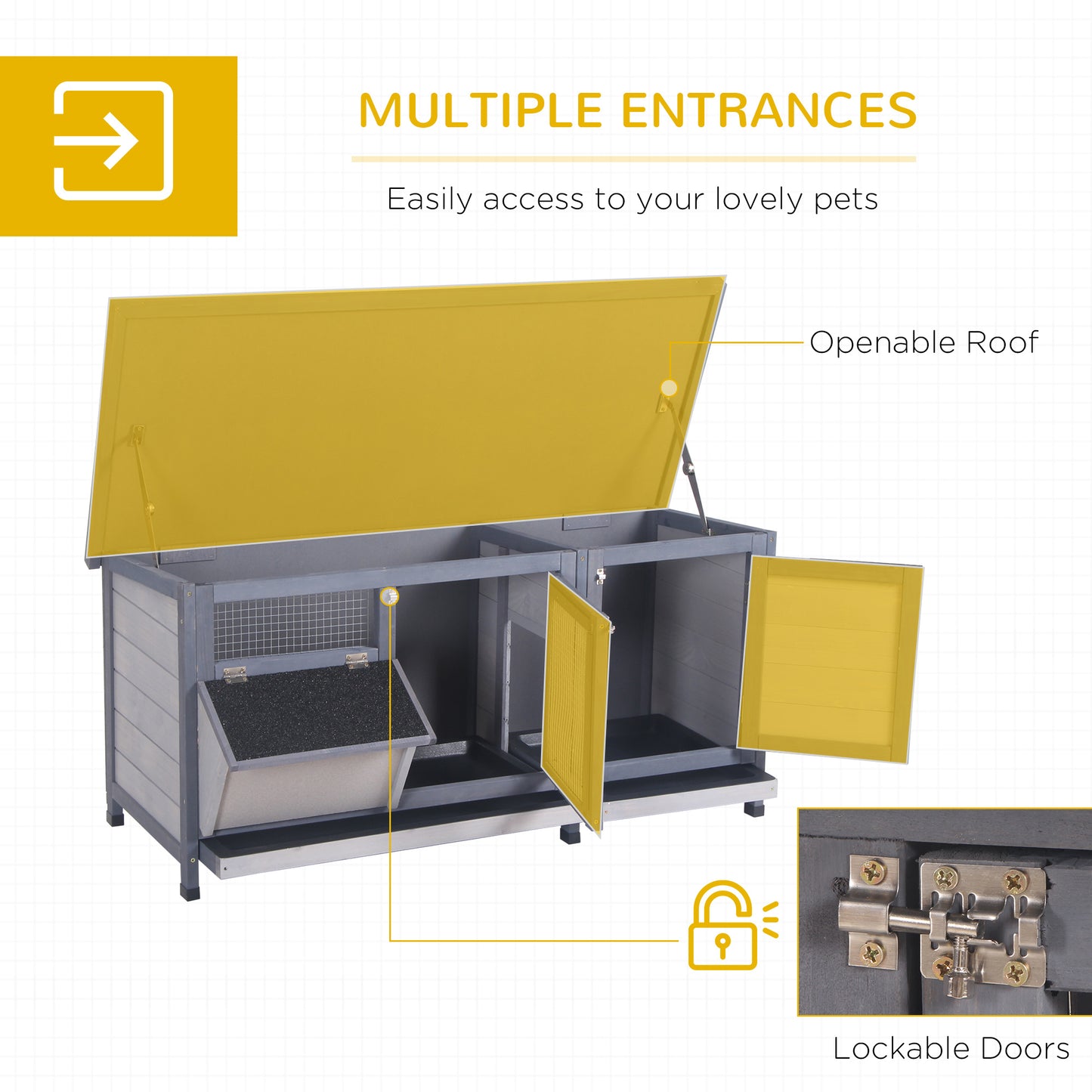 Wooden Rabbit Hutch Bunny Hutch Cage Guinea Pig With Waterproof Roof, No Leak Tray And Feeding Trough, For Rabbits, Chickens, Ducks, Indoor/Outdoor, Gray