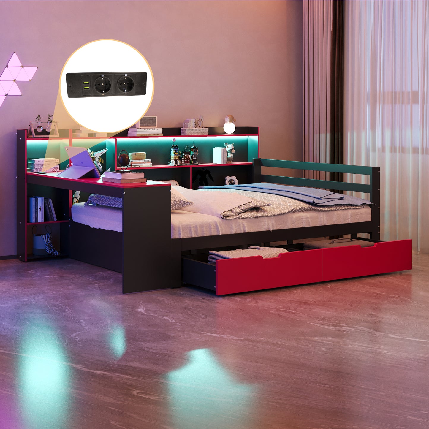 Wooden Bed Sofa Bed 140 X 200 Cm, With Desk, Bookcase, Storage Compartments And Shelves, With Integrated Lighting And Sockets, Drawers, Multifunctional Wooden Bed, Black  Red
