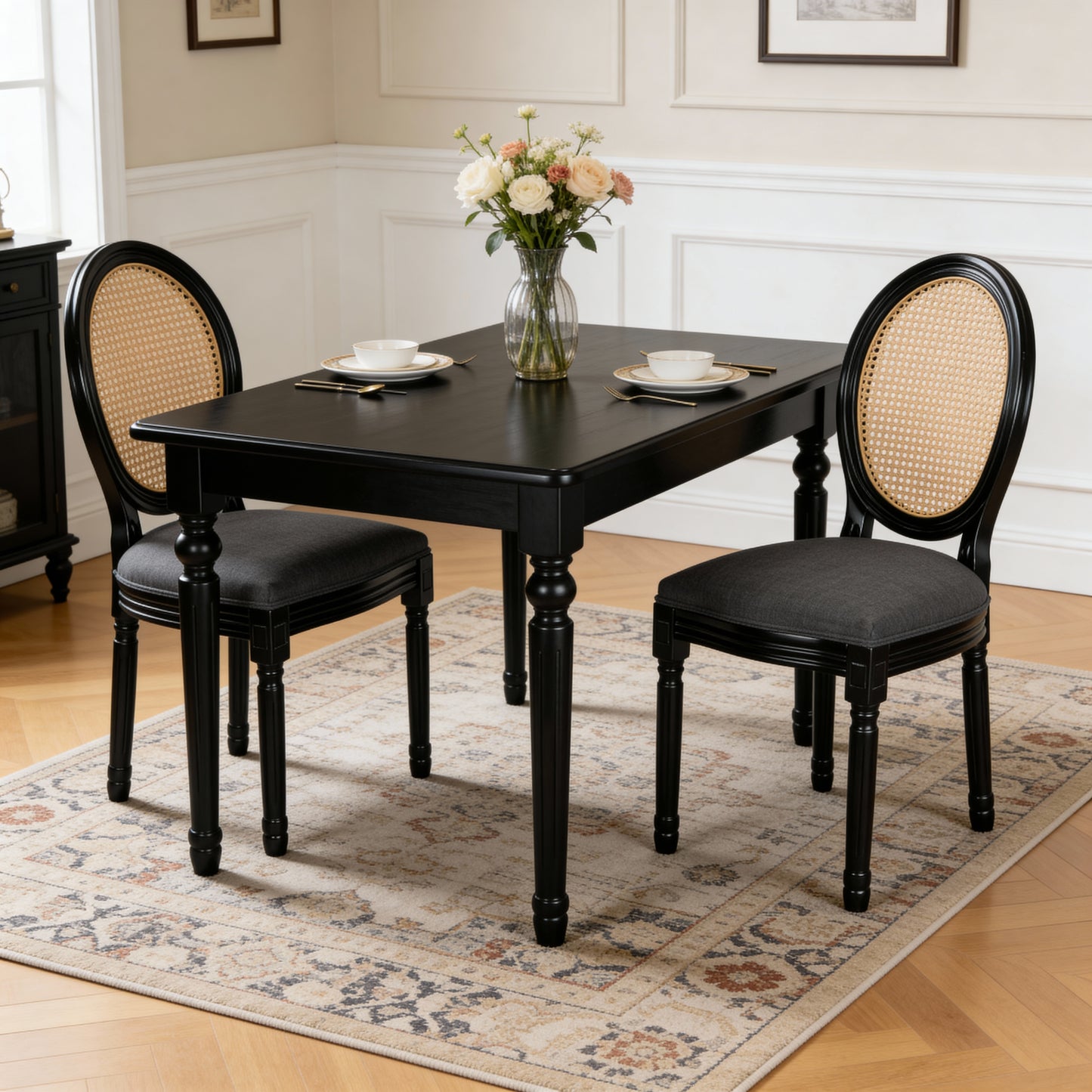 French Country Dining Chairs Set Of 2, Upholstered Chairs With Rattan Round Back, For Living Room, Kitchen , Restaurant Use, Black Solid Wood  Frame, Dark Grey Fabric