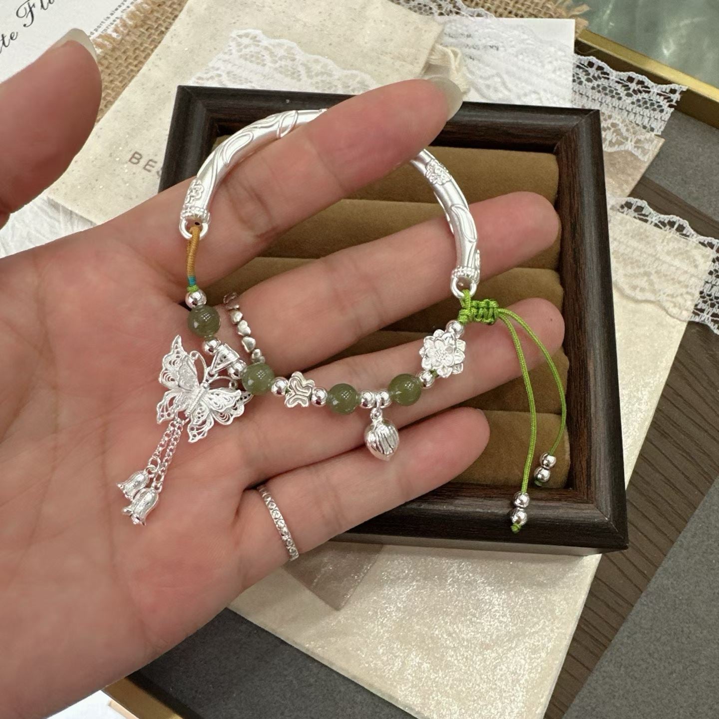 1pcs 999 Sterling Silver Half Bangle Butterfly Tassel Hetian Jade Bead Braided Bracelet, Elegant Chinese Style, For Women Hanfu Daily Wear & Anniversary Birthday Gift