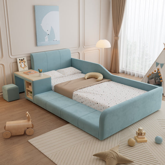 Upholstered Bed, Single Bed With Children's Desk And Stool, With Shelf, Soft Headboard, Children's Bed With Wooden Slats, Velvet, Blue, 90x200cm