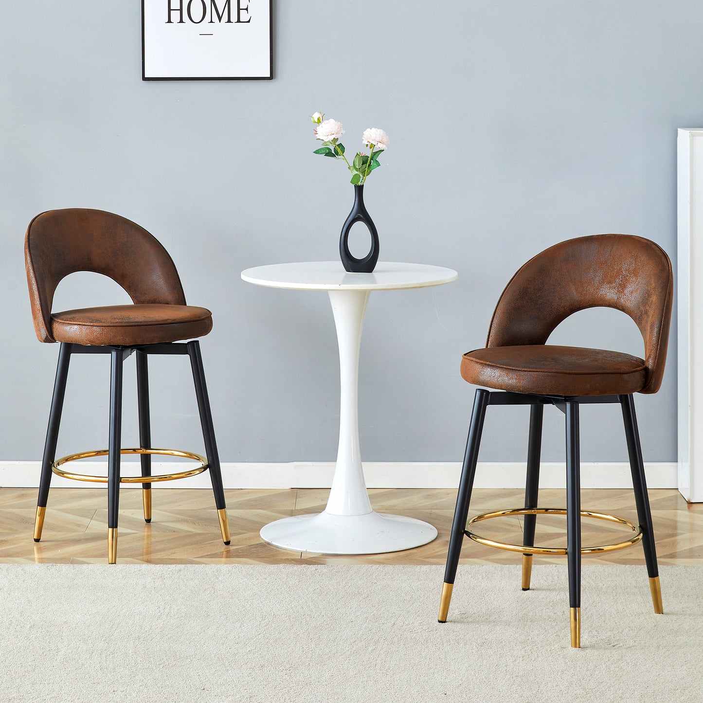 360  Rotatable Bar Chair.Overall Height 36 Inches.Modern Echnology-Fabric Brown Upholstered Bar Chair With Beautiful Black Metal Legs For Dining Room, Kitchen, Terrace And Guest Office Chair.Set Of 2.