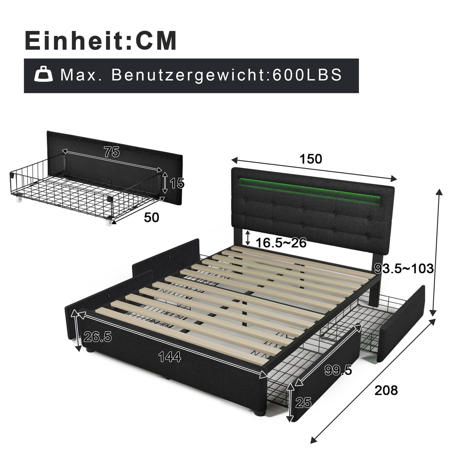 Bed Frame With LED Lighting And 4 Drawers, Double Bed Upholstered Bed 140x200cm, Height-adjustable Headboard, Wooden Slatted Base, Black  Without Mattress