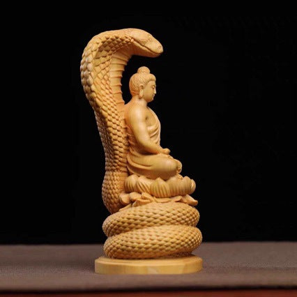 South American Boxwood Carved Snake Buddha Shakyamuni Statue Car Home Decor Ornament