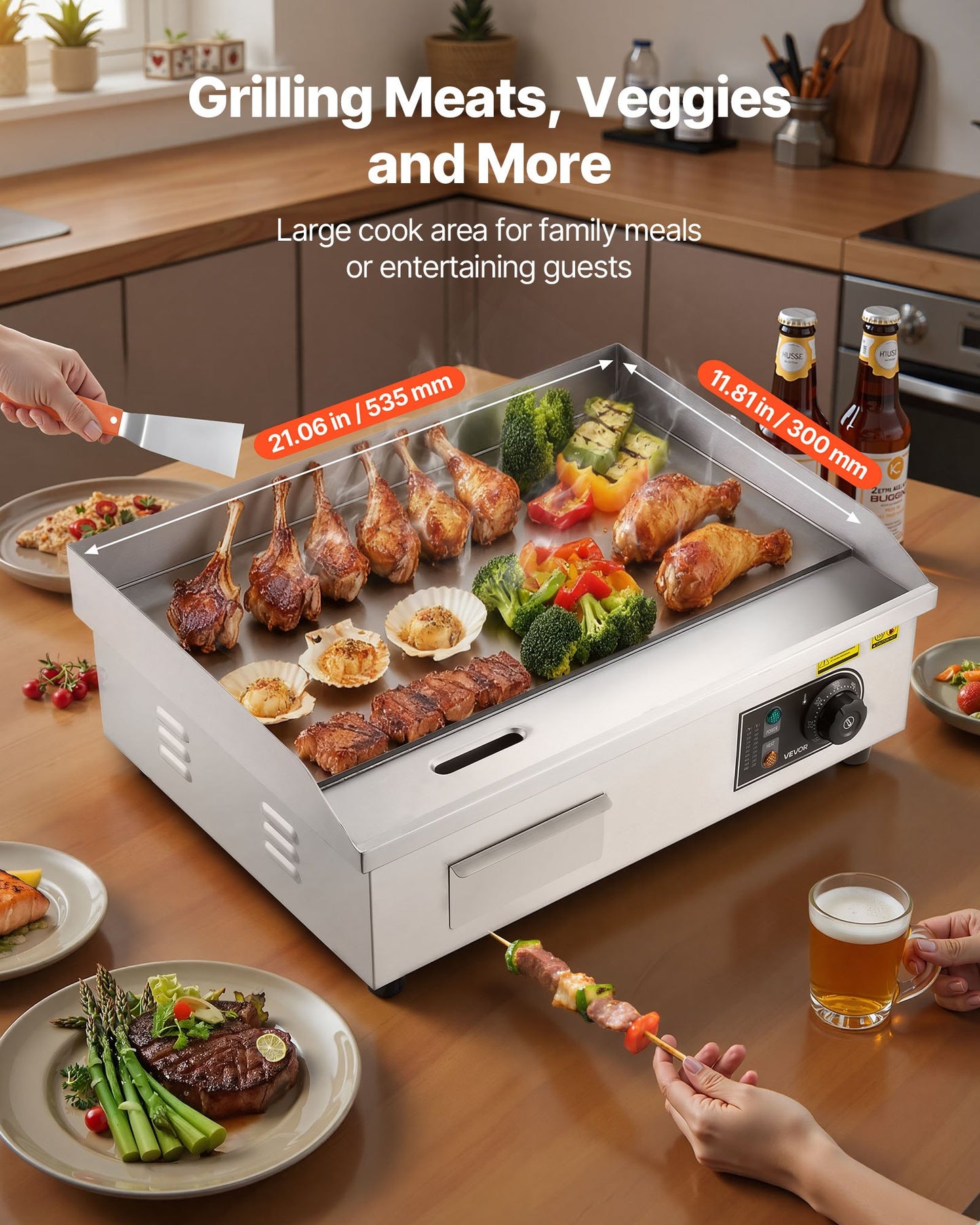 Commercial Electric Griddle, 21.06 X 11.81 Inch, 3200W, 122-570°F Adjustable Temp Control, Stainless Steel Body, Full Flat, With 2 Spatulas, 2 Brushes, And 4 Foot Pads, For Steak, Pancake