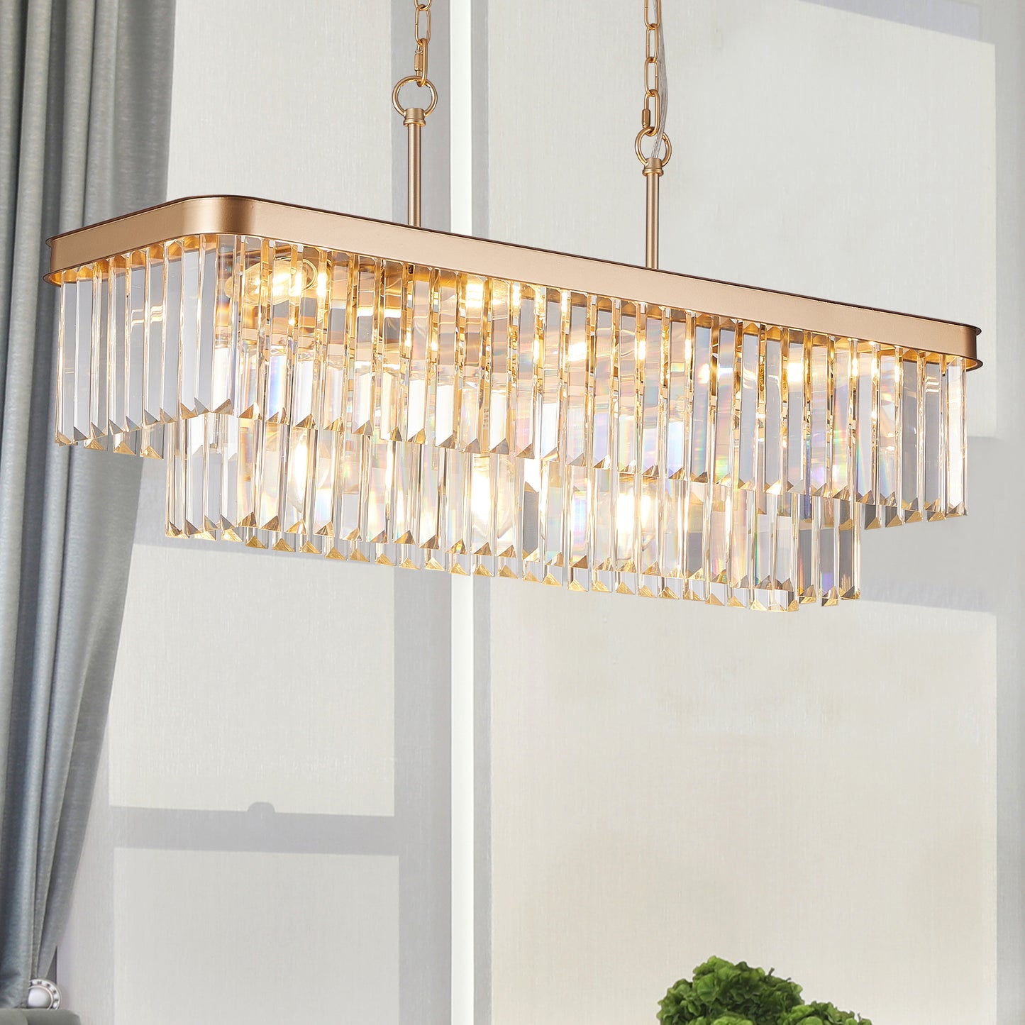 Chandeliers,Rectangular Crystal Chandelier Adjustable,E12 Modern Industrial Crystal Lights,Farmhouse Iron Ceiling Hanging Light For Kitchen Living Room Bedroom GoldBulb Not Included