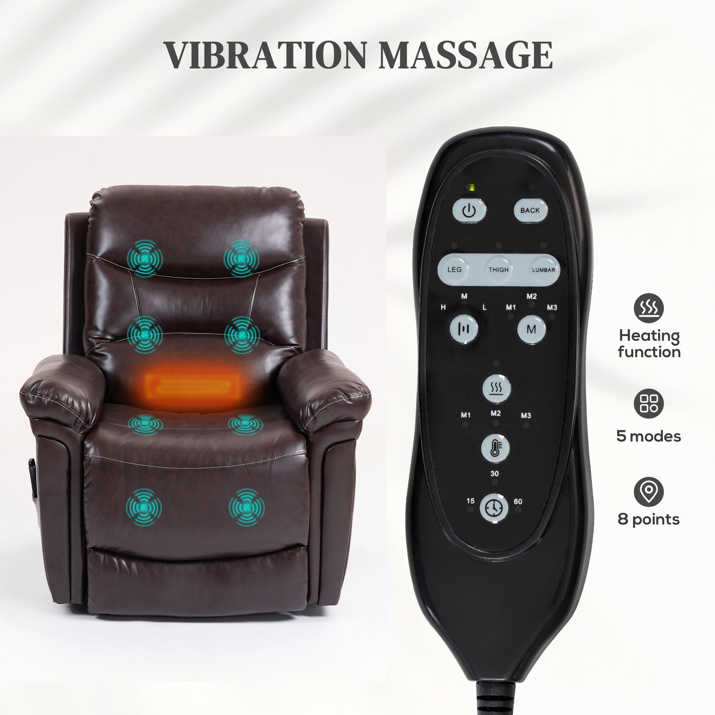 Power Lift Recliner Chair With Vibration Massage, Heat, USB - Brown