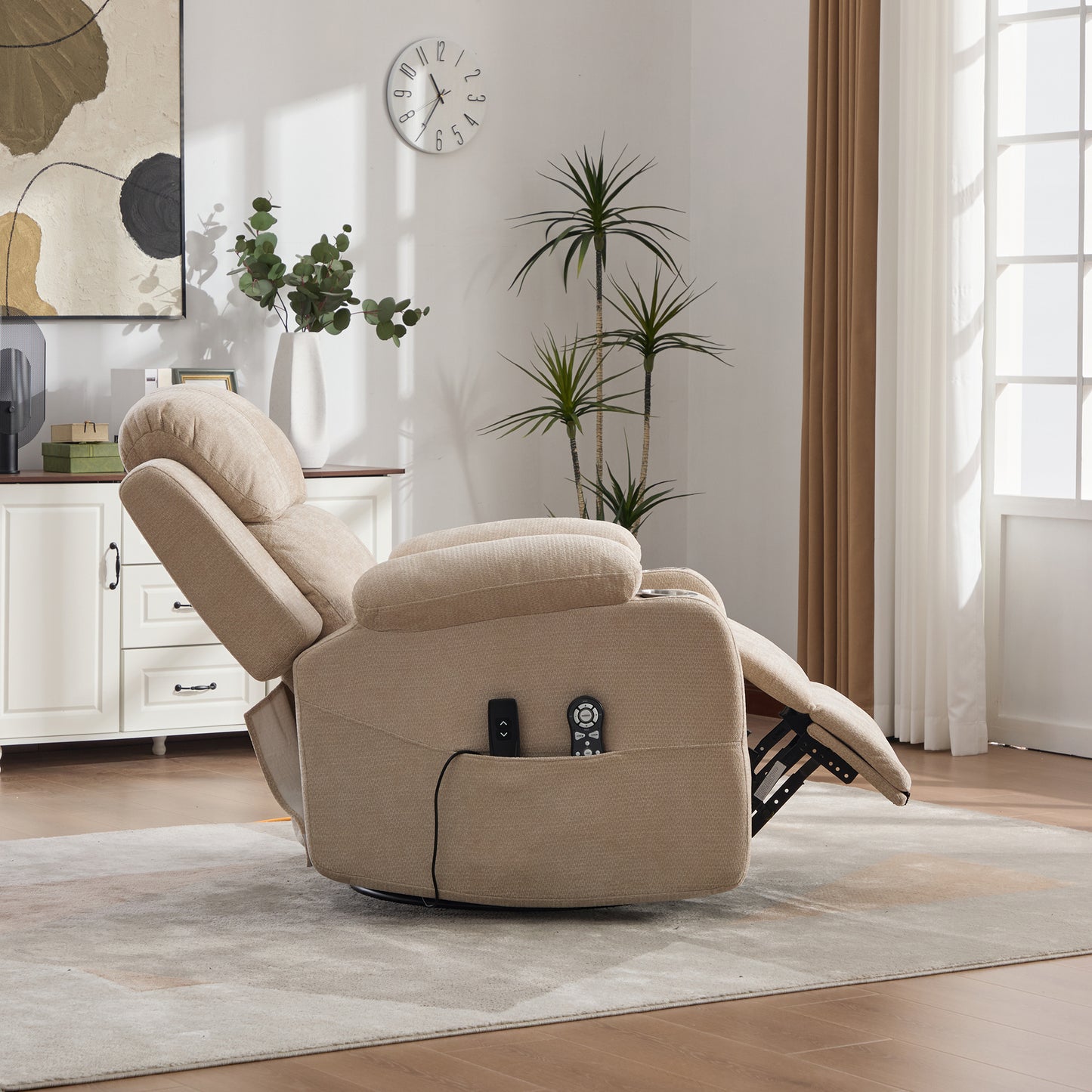Electric 360 Swivel Recliner With Massage And Heat Function, Electrically Adjustable Backrest And Footrest, As Well As Side Storage Pockets And Cup Holders.Light Khaki