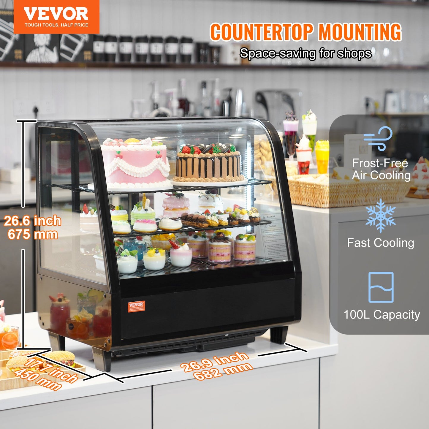 Refrigerated Display Case, 3.5 Cu.Ft./100L, 2-Tier, Countertop Pastry Display Case Commercial Display Refrigerator With LED Lighting, TURBO Cooling, Frost-Free Air-Cooling, Rear Sliding Door