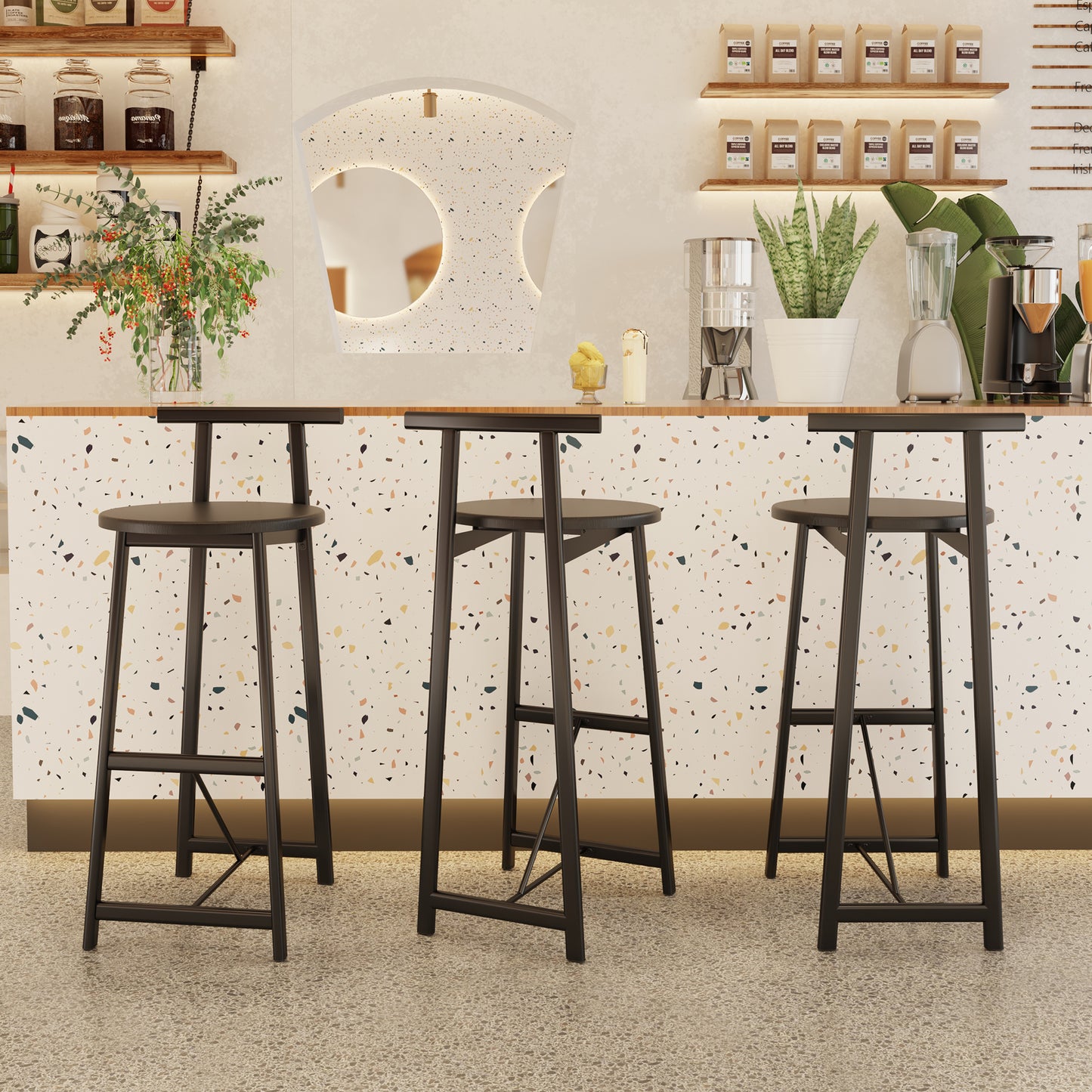 27 H Barstool Set Of 3 Wooden Round Bar Stools With Footrest Modern Kitchen Chairs For Counter  Black & Black