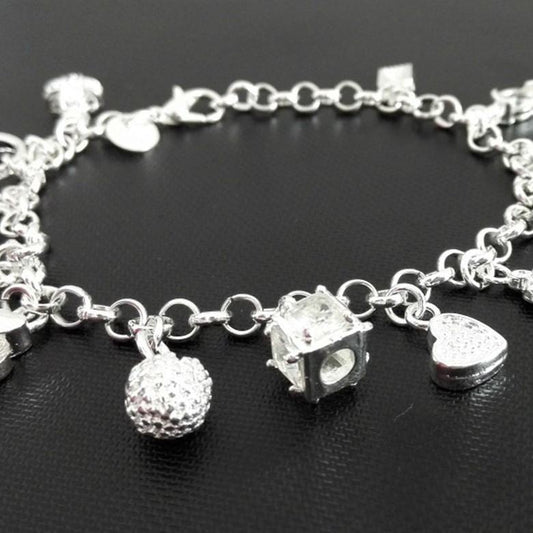 Y2K Multi Mixed Charms Chain Bracelet For Women, Silver Tone Clear Tone Simulated Zirconia Cross Moon Star Heart Key Lock Dangle Hand Jewelry Daily Casual Accessories