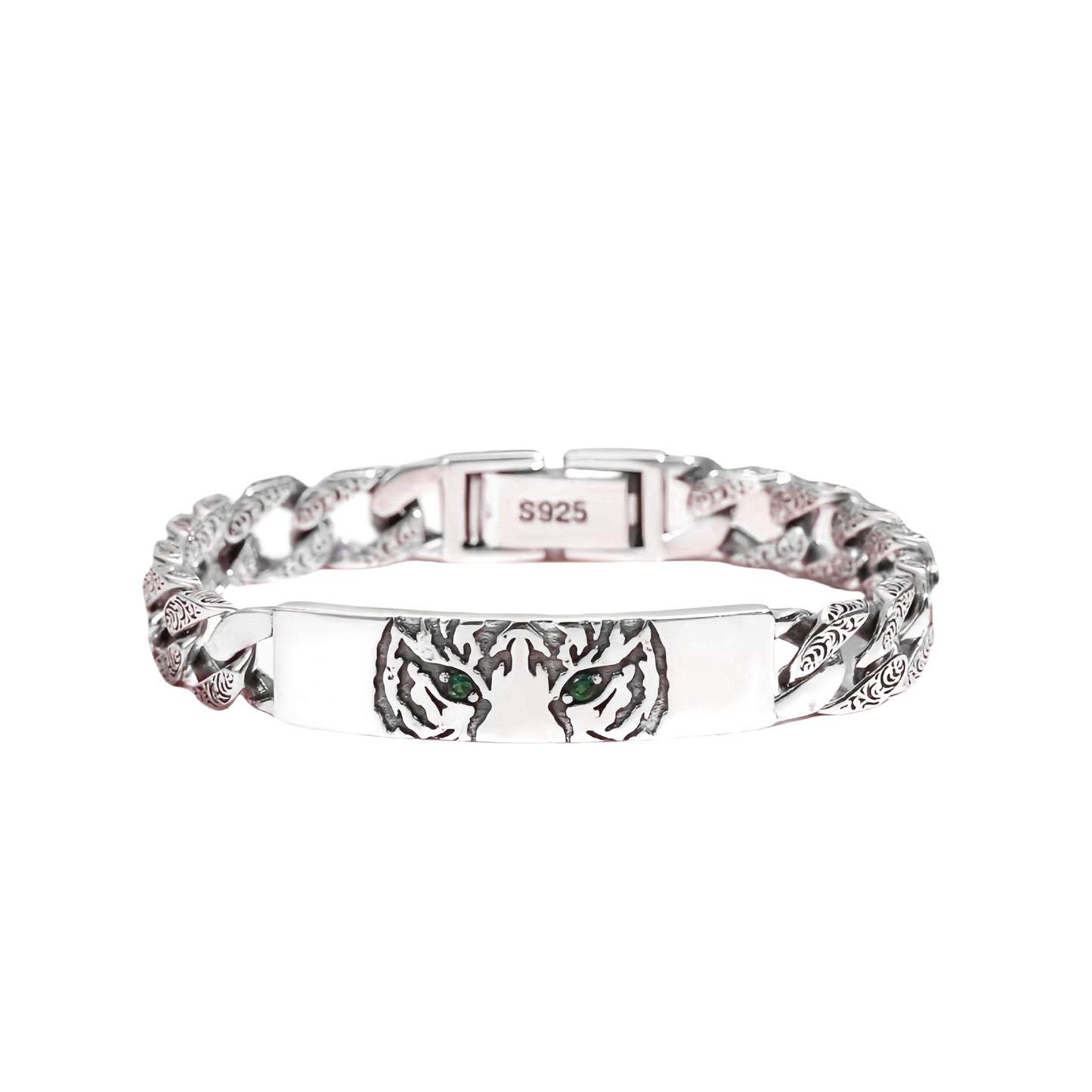 Vintage Engraved Tiger Head Curb Chain ID Bracelet For Men, Copper Plated Silver Inlaid Green CZ Eye Biker Punk Casual Wrist Jewelry Gift