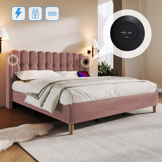 Upholstered Double Bed With USB And Type-C Charging, Bed Frame With Wooden Slatted Frame, Teenager Bed For Bedroom & Guest Room, 4ft6 135 X 190 Cm Bed Frame, Pink, Velvet Material
