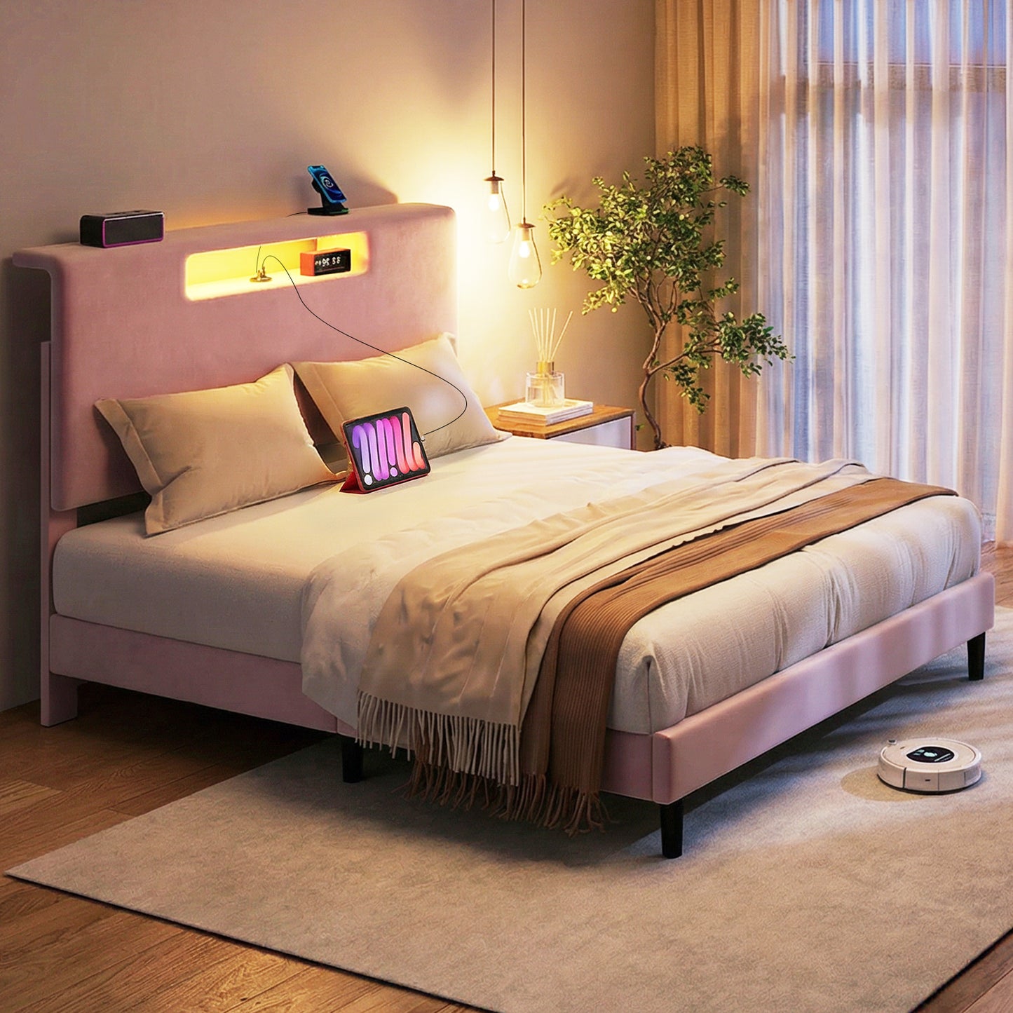 Full Size Upholstered Bed Frame With High Headboard Adjustable LED Lights Charging Port Wood Slat Support Platform Bed Frame Noiseless No Box Spring Needed Easy Assembly Pink