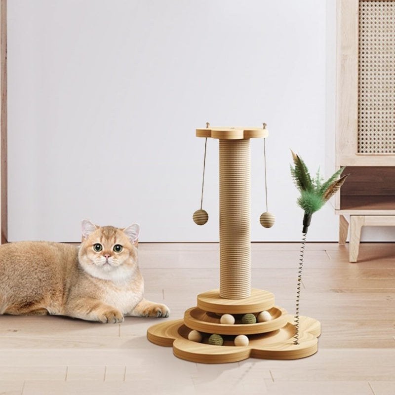 Pet Cat Toy Solid Wood Cat Turntable Funny Cat Stick Balls Durable Sisal Scratch