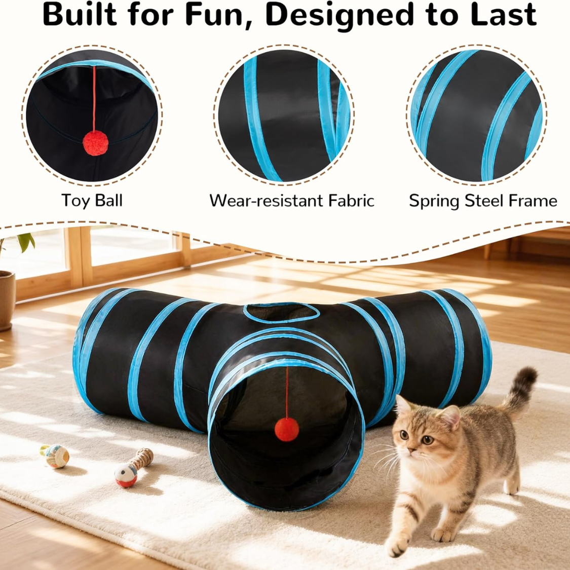 Pet Cat Tunnel Tube Toys 3 Way Collapsible, Tunnels For Indoor Cats, Interactive Tube With Teaser Wand, Peek Holes