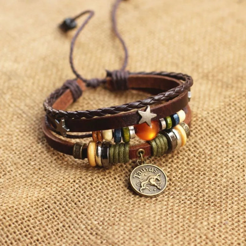 1pcs Multi-Layer Braided Leather Wooden Bead Star Zodiac Charm Adjustable Bracelet, Retro Boho Ethnic Style, For Men Women Daily Campus Travel & Constellation Holiday Gifts