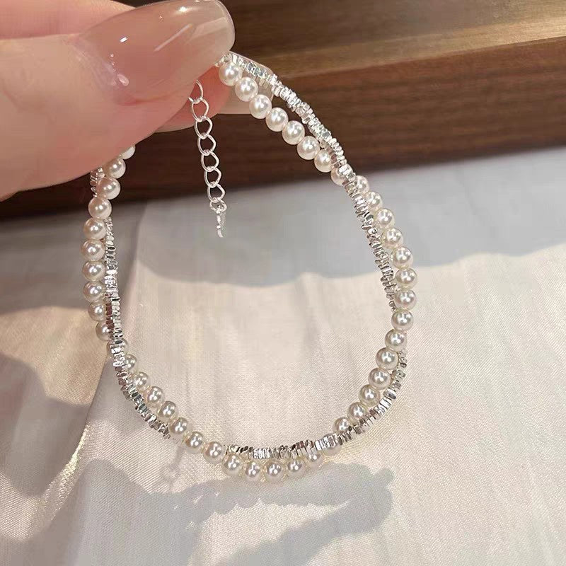 1pc 999 Sterling Silver Pearl & Crushed Silver Double-Layer Bracelet, Delicate Style, Perfect For Daily Wear And Valentine's Gift
