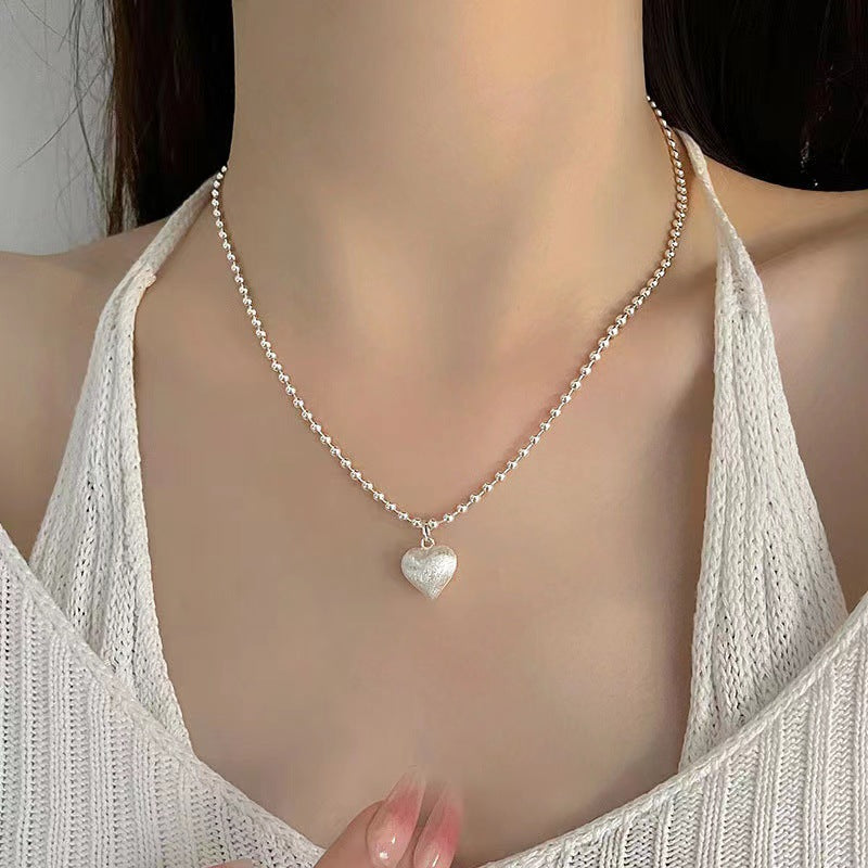 1pc 999 Sterling Silver Matte Heart Pendant Ball Chain Necklace, Minimalist Sweet Style, Perfect For Daily Wear & Valentine's Gifts