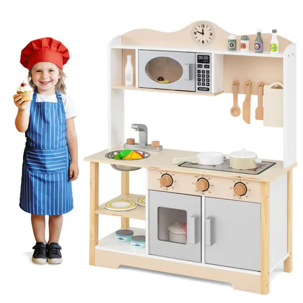 Gray Wooden Kids Play Kitchen With 13 Accessories, Pretend Cooking Set For Toddlers 3+