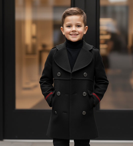 Boys Black Smart Casual Cashmere Coat Green Military Style Woolen Jacket  3-9Y