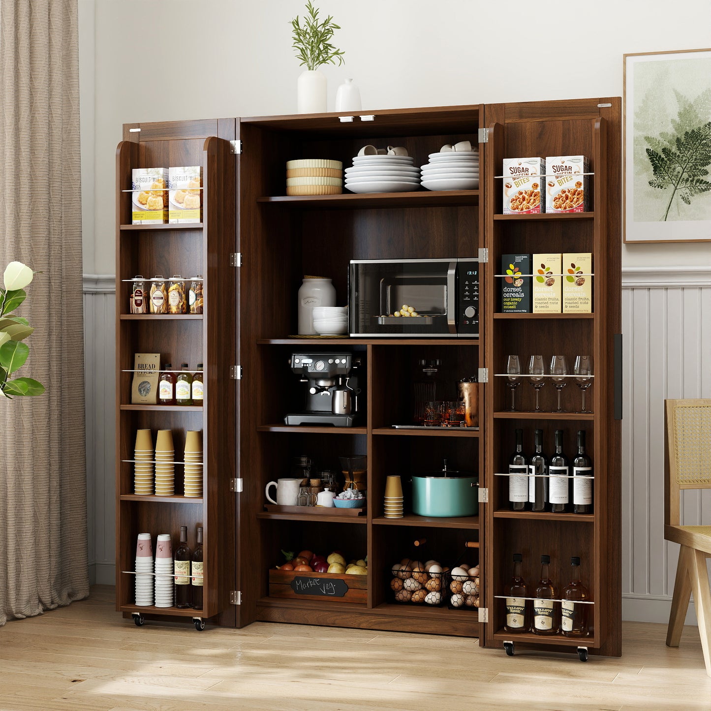 Kitchen Pantry Cabinet, Walnut Freestanding Buffet Cupboards Sideboard With Doors & Shelves, Kitchen Pantry Storage Cabinet For Kitchen, Living Room And Dinning Room
