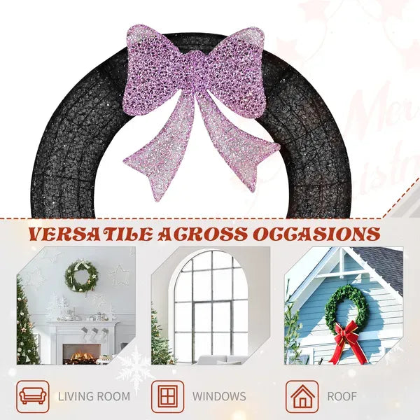 36in Pre-lit Outdoor Christmas Wreath Decoration, Lighted Metal Wreath With Purple Bow, Remote Control LED Lights With Timer, For Front Door Gate Wall Indoor Outdoor Holiday Party