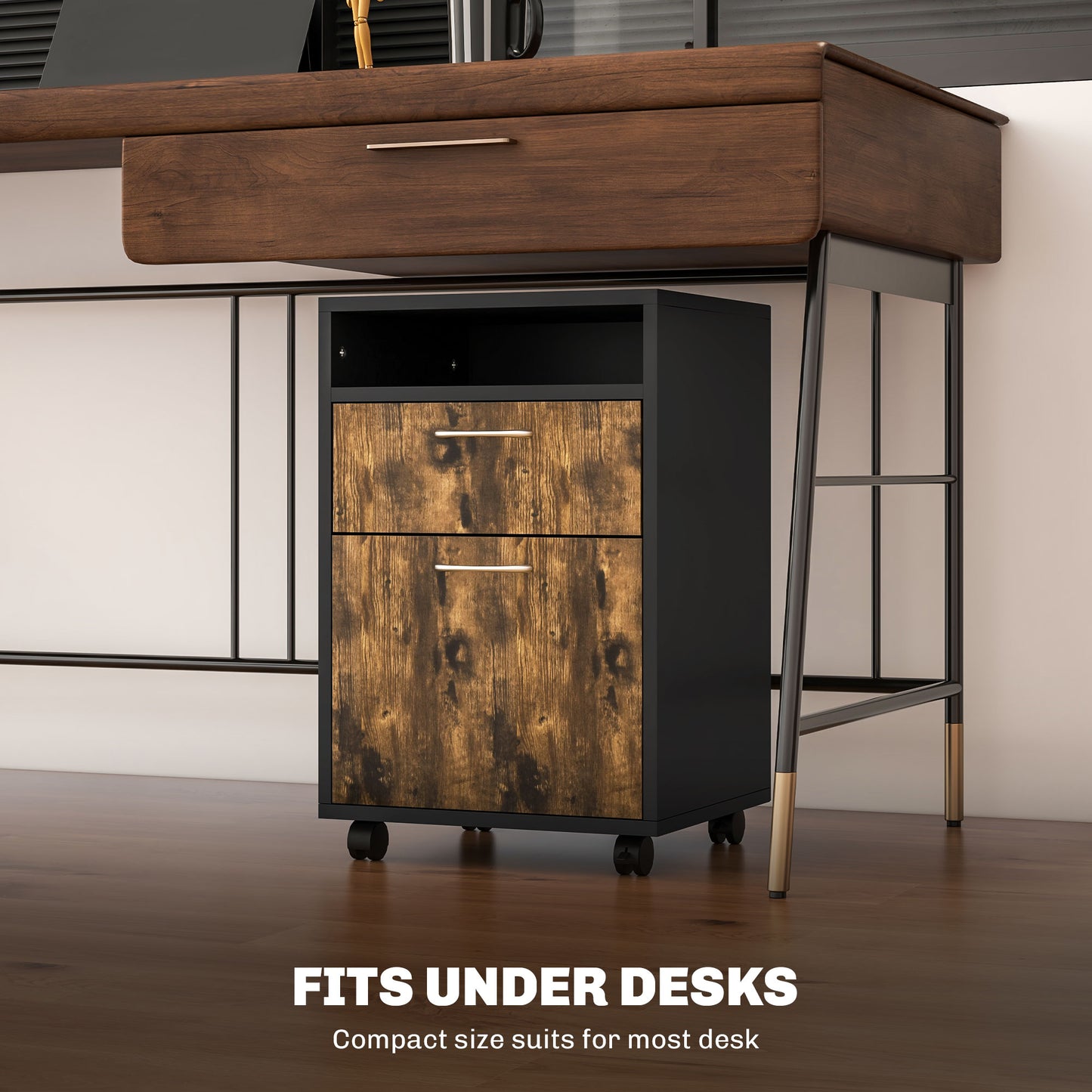 60cm Filing Cabinet With Drawer, Open Shelf, Metal Handles And 4 Wheels, Office Home Organiser Mobile Printer, Rustic Brown
