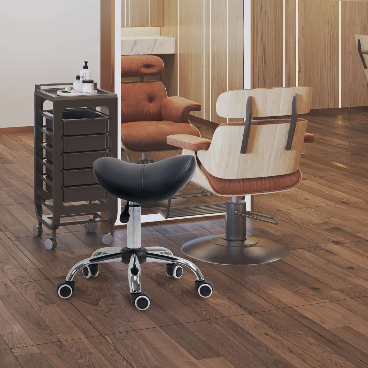 Cosmetic Stool 360 Rotate Height Adjustable Salon Massage Spa Chair Hydraulic Rolling Faux Leather Saddle Stool Mobility, Black