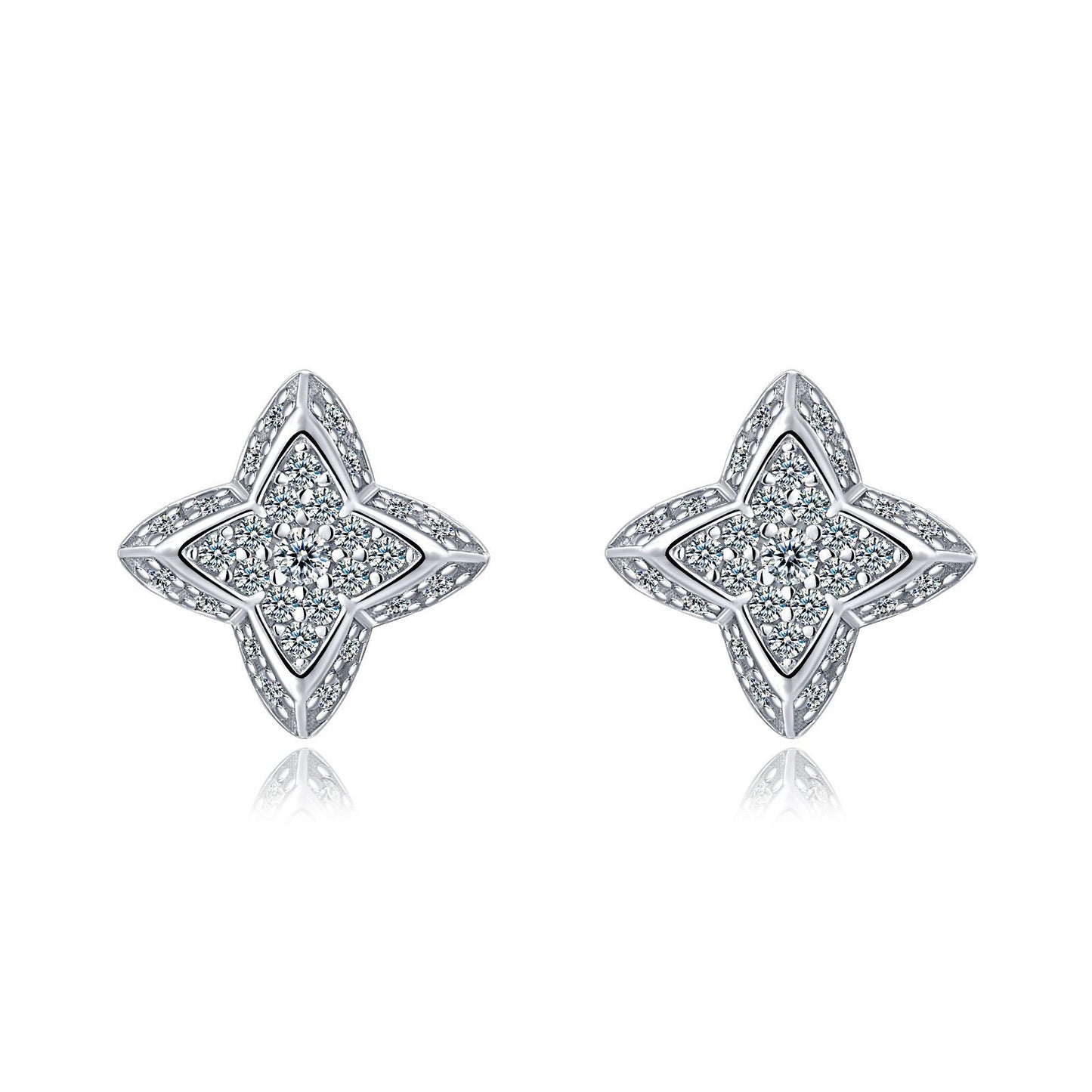 S925 Sterling Silver Four-Pointed Star Stud Earrings, D-VVS1 Moissanite Cluster, Platinum Plated 2g Women's Jewelry With Gift Box