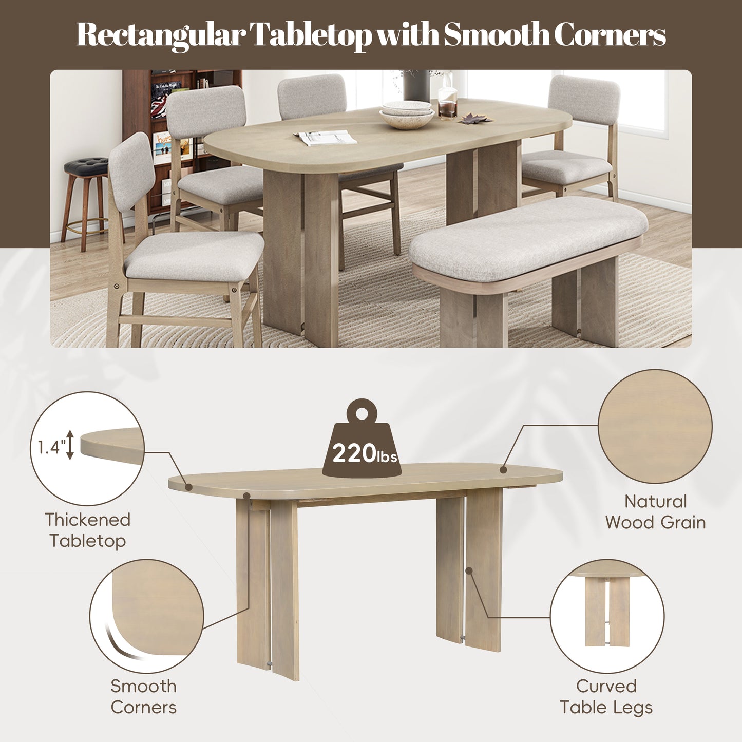 TOPMAx Solid Wood Dining Table Set With Bench -  6- Piece Upholstered Rectangular Dining Room Table Set With Bench  2- Color Modern Farmhouse Kitchen Furniture For Family Gatherings Natural