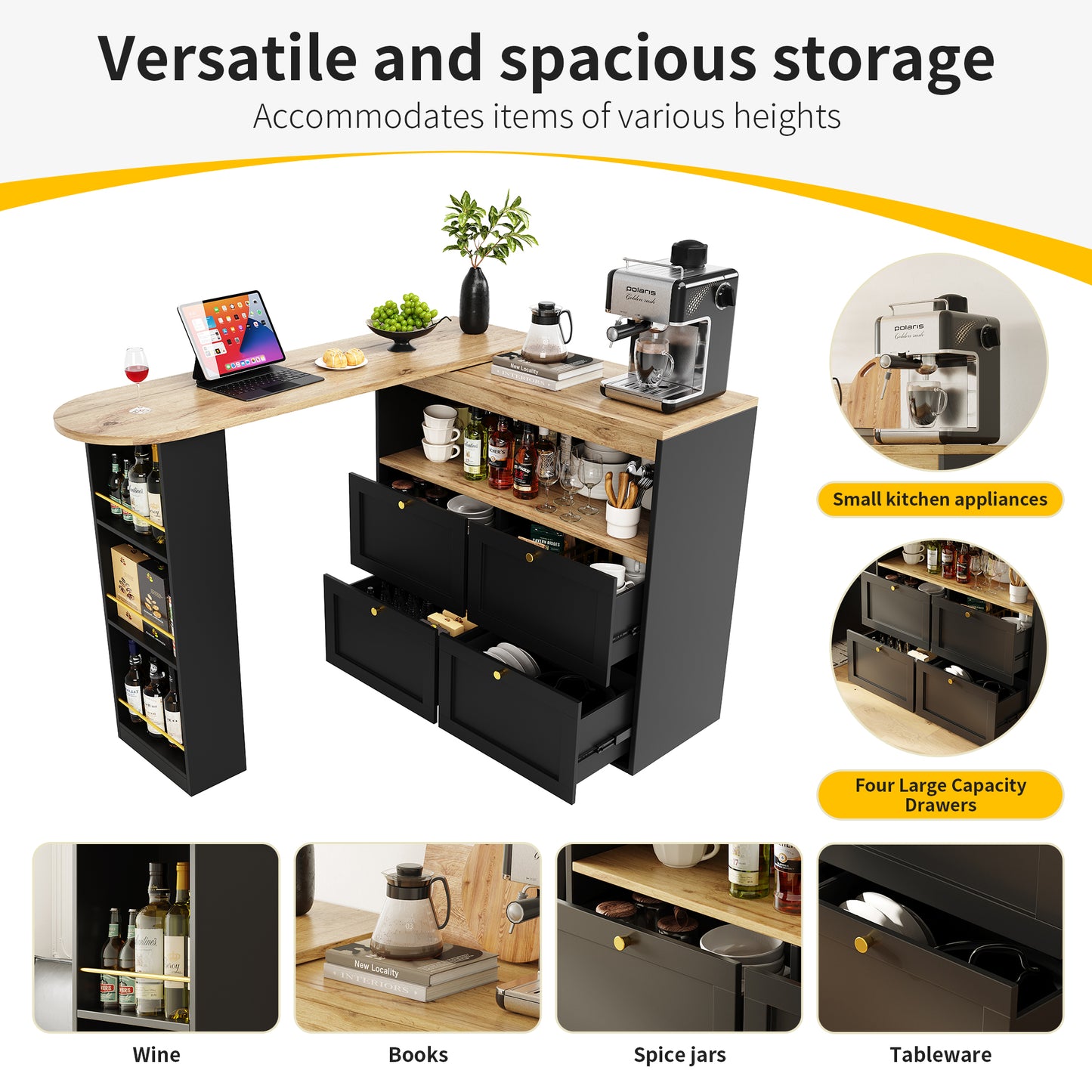 360 Swivelling Bar Table Main Body 105 X 39 X 102 Cm, With 4 Drawers And Open Shelves, Suitable For Dining Room Study Living Room Etc.