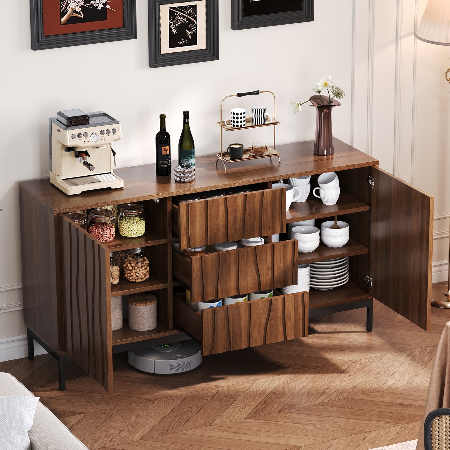 Sideboard 150cm Dark Grained Oak, 3 Drawers, Large Sideboard, Kitchen Cabinet, One-Piece Recess, Mid Century Modern Decorative Cabinet For Kitchen, Living Room, Entryway, Hallway