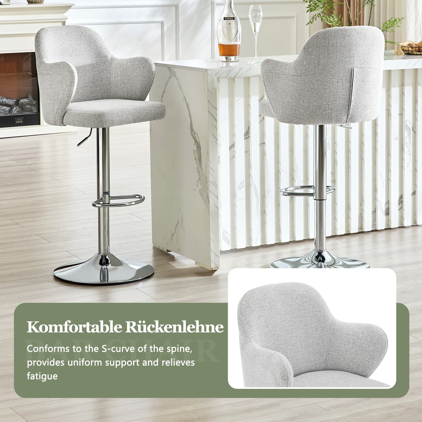 Adjustable Bar Stool Set  Set Of 2 , Modern Upholstered Bar Stools With Armrests, Can Be Rotated 360 , Height Adjustable, Suitable For The Bar At Home And For Restaurants
