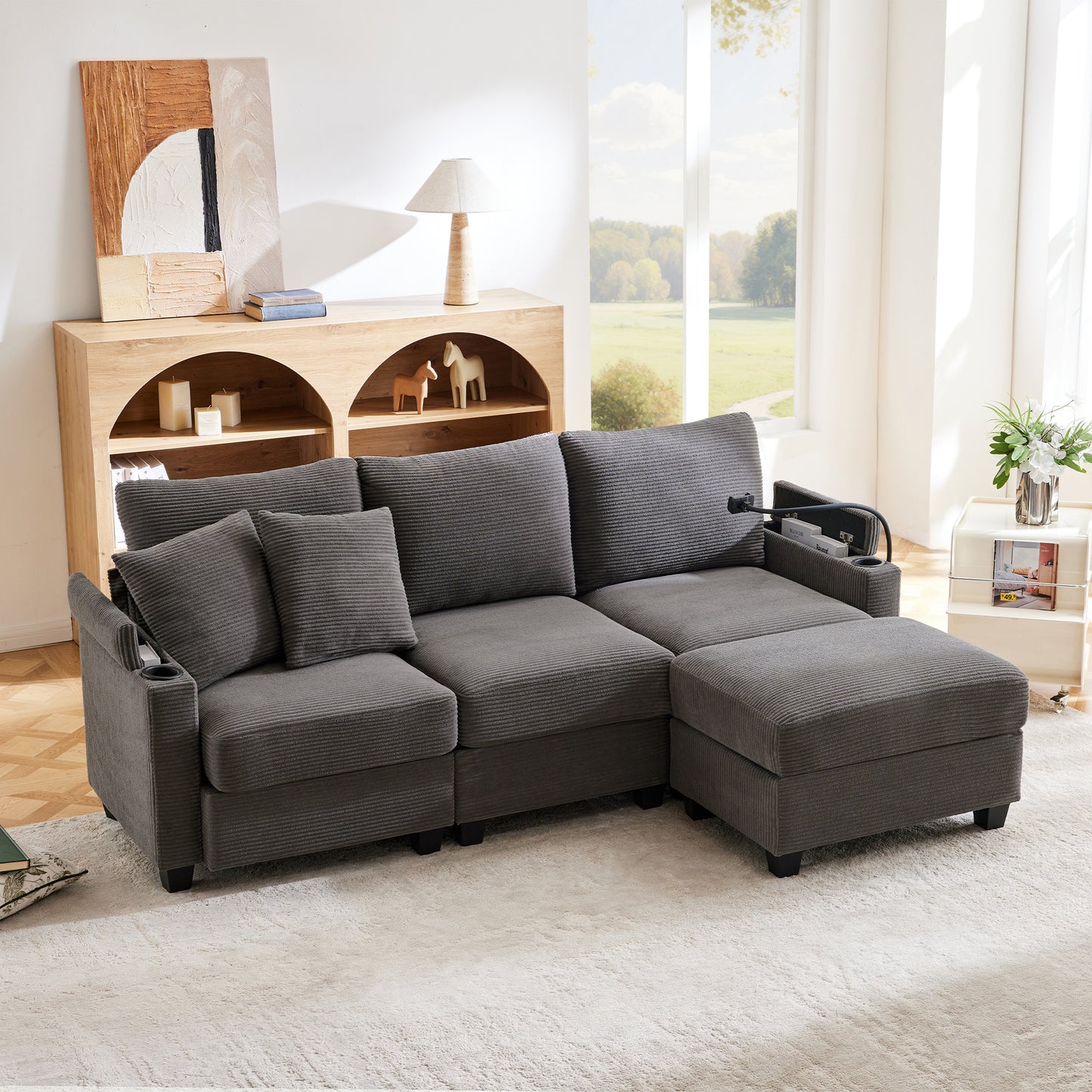 L-Shaped Corner Sofa,Convertible 3 Seater Sofa With Footstool, Cup Holder, USB Charger, Armrest Rest And 2 Cushions, Suitable For Living Room-Office-Apartment, Dark Gray