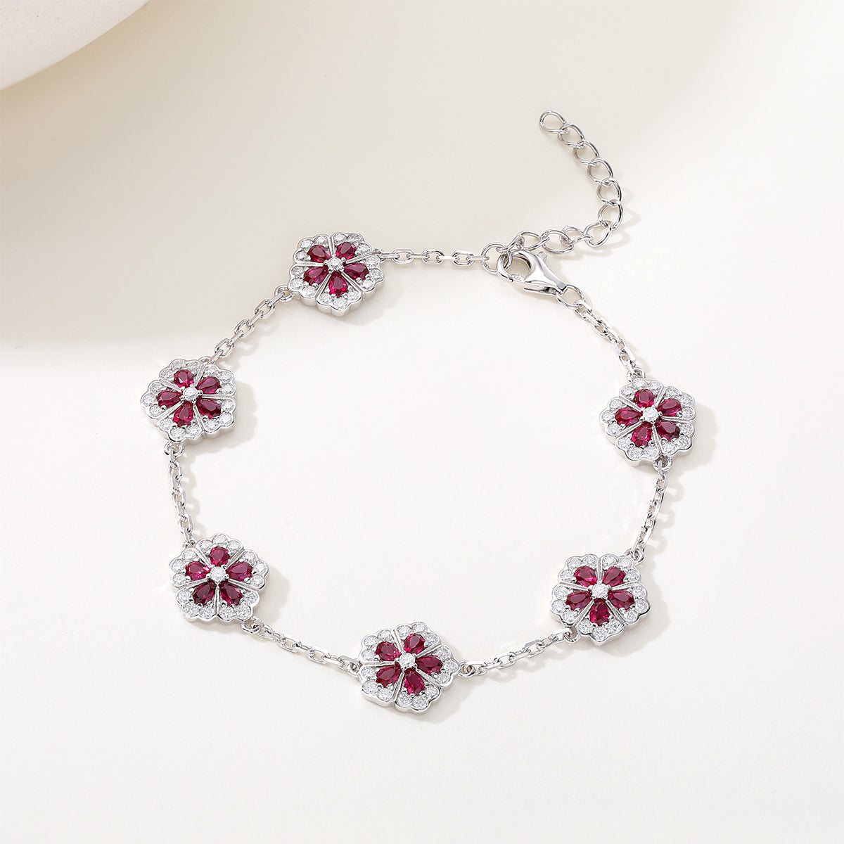 S925 Sterling Silver Red Lab-Grown Gemstone Flower Bracelet 16cm Platinum Plated With D Color VVS1 Moissanite GRA Certified Gift Box