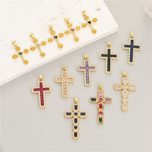 14K Gold Color Protection Inlaid Zircon Cross Pendant Bracelet Necklace Diy Handmade Jewelry Accessories