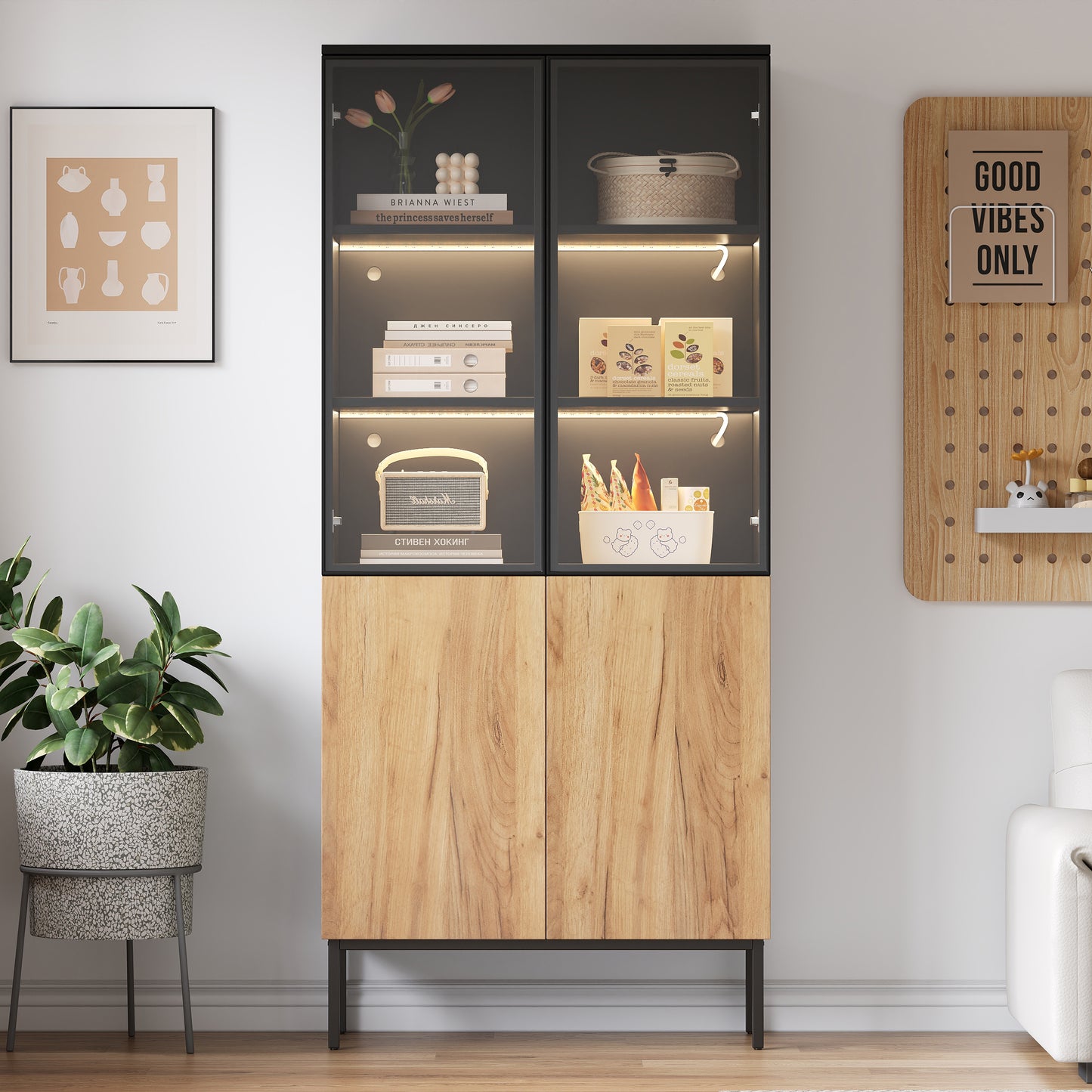Glass-fronted Display Cabinet, 180 Cm High Cabinet With LED Lights, Bookcase, 5-tier Glass Display Case For Collectibles, Bookshelf, Office, Black Oak