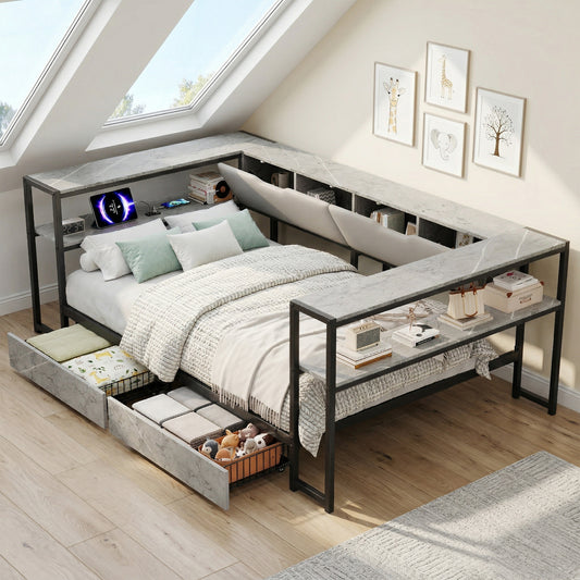 Sofa Bed With Daybed 90x200 With USB&Typec Charging Station, Daybed, Youth Bed With 2 Drawers And Metal Bar Railing, Concrete Color.