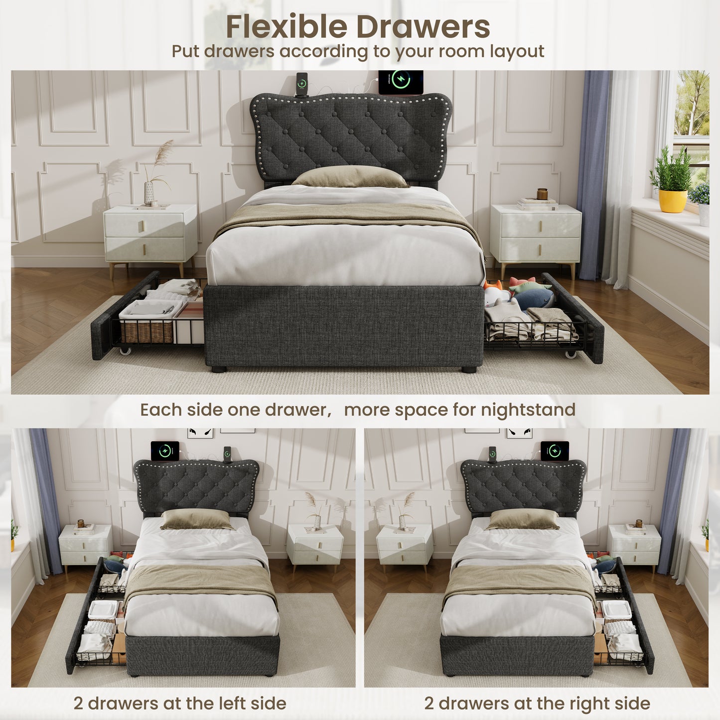 3ft Single Upholstered Bed With Rivet Design And Charging Station, Two Storage Drawers, Adjustable Button Tufted Headboard With USB & Type-C Ports, No Box Spring Needed, Linen, Grey  No Mattress