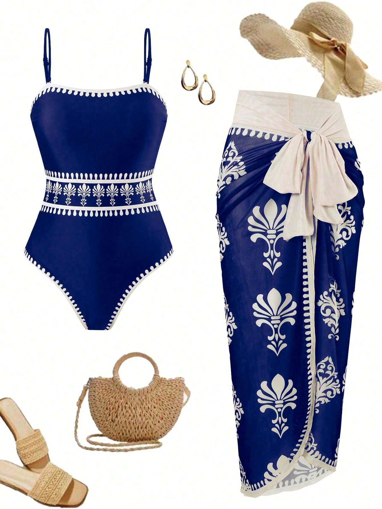 2026 New 2-Piece Swimsuit Set, Blue Floral Print One-Piece + Wrap Skirt Cover-Up